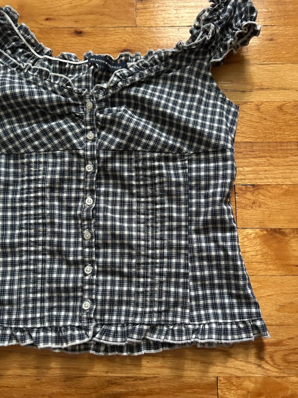 Brandy Melville Dark Blue Gingham Top Women's Ruffled Sleeves Neckline Button-Up - Picture 4 of 11